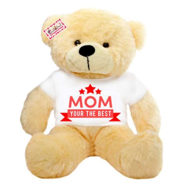 2 feet peach teddy bear wearing MOM Your the best T-shirt